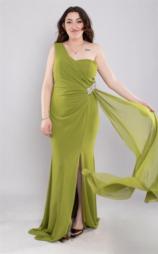 7088(1008) Büyük Beden Tek Omuz Yanı Taşlı Uzun Şifon Elbise