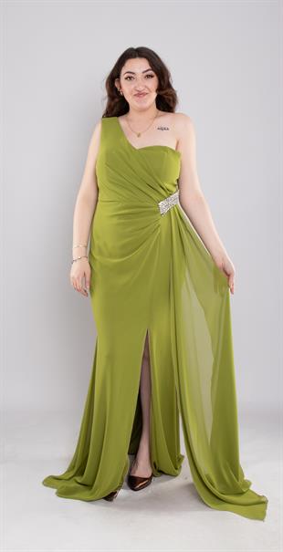 7088(1008) Büyük Beden Tek Omuz Yanı Taşlı Uzun Şifon Elbise