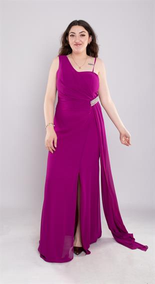 7088(1008) Büyük Beden Tek Omuz Yanı Taşlı Uzun Şifon Elbise