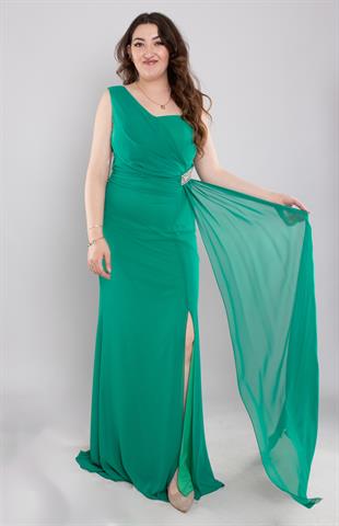 7088(1008) Büyük Beden Tek Omuz Yanı Taşlı Uzun Şifon Elbise