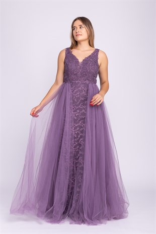 7095 Sim Nakış İşleme Tül Kuyruklu Long Dress Nişanlık