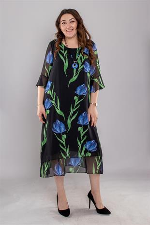 7099 Büyük Beden Lale Desen Tül Kol Kolyeli Şifon Kısa Elbise