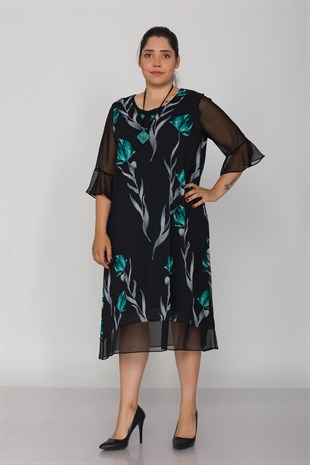 7099 Büyük Beden Lale Desen Tül Kol Kolyeli Şifon Kısa Elbise