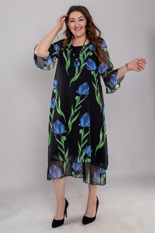 7099 Büyük Beden Lale Desen Tül Kol Kolyeli Şifon Kısa Elbise