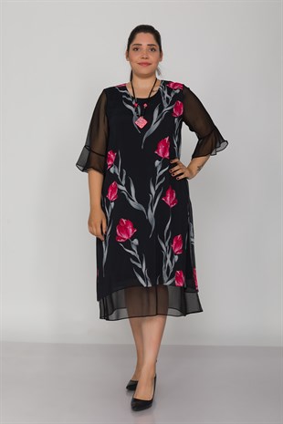 7099 Büyük Beden Lale Desen Tül Kol Kolyeli Şifon Kısa Elbise
