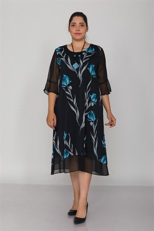 7099 Büyük Beden Lale Desen Tül Kol Kolyeli Şifon Kısa Elbise