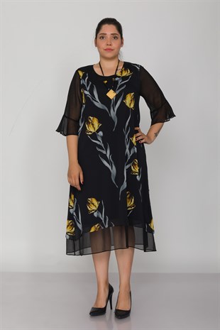 7099 Büyük Beden Lale Desen Tül Kol Kolyeli Şifon Kısa Elbise