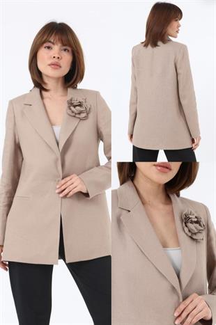 710 BKeten Gül Broşlu Tek Düğme Blazer Ceket