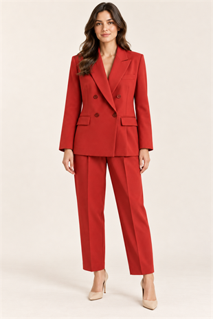 71001-90786 Kruvaze Blazer Ceket Kemer Düğmeli Pantolon Takım