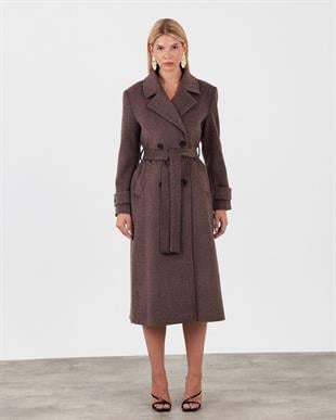 7103 Dört Düğme Kuşaklı Kol Apoletli Erkek Yaka Uzun Kaşe Kaban