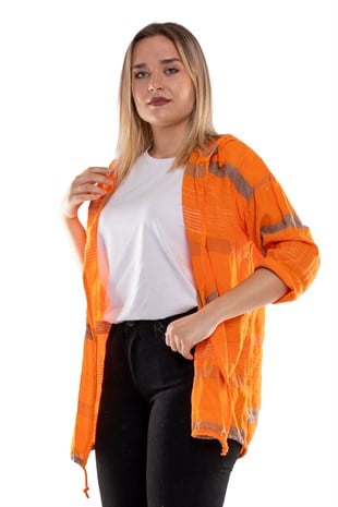 71352 Kapşonlu Kendinden Desenli Pamuk Keten Ceket