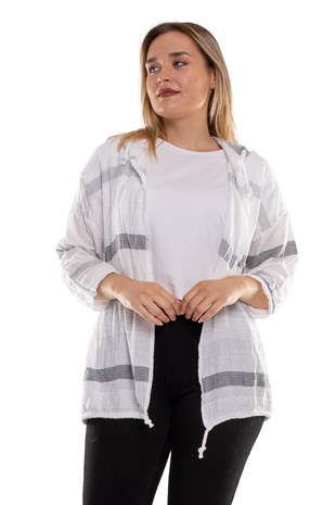 71352 Kapşonlu Kendinden Desenli Pamuk Keten Ceket