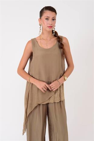 7161 Asimetrik Kesim Kolsuz Pullu İpek Bluz