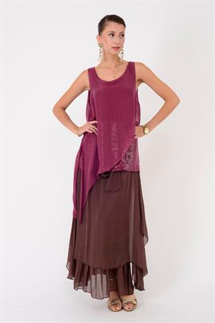 7161 Asimetrik Kesim Kolsuz Pullu İpek Bluz