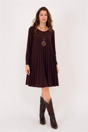 71653 Düz Desen Kolyeli Akordion Uzun Kol Triko Kısa Elbise