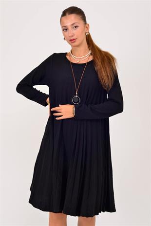 71653 Düz Desen Kolyeli Akordion Uzun Kol Triko Kısa Elbise