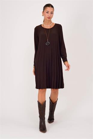 71653 Düz Desen Kolyeli Akordion Uzun Kol Triko Kısa Elbise