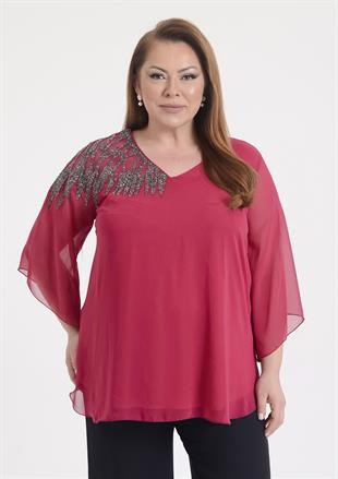 719 Büyük Beden Vyaka Omuz Taş İşleme Şifon Astarlı Bluz