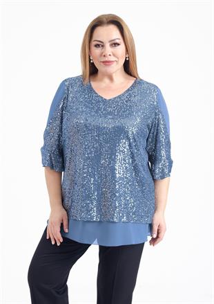 720 Büyük Beden Vyaka Pulpayet Tül Detaylı Astarlı Bluz