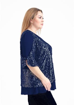 720 Büyük Beden Vyaka Pulpayet Tül Detaylı Astarlı Bluz