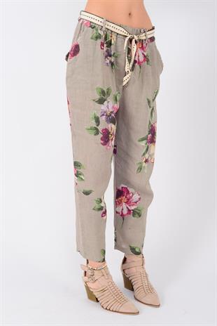 7232 Çiçek Desen Kemerli Keten Pantolon