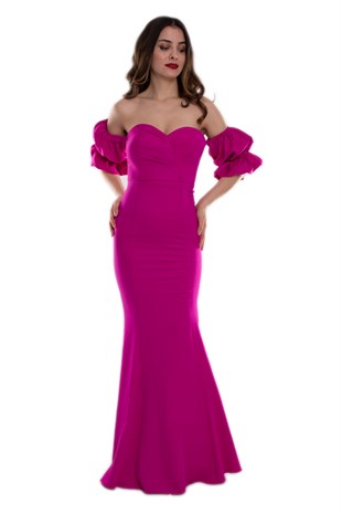 7233 Öpücük Yaka Sırtı İpli Kol Detay Krep Uzun Balık Abiye