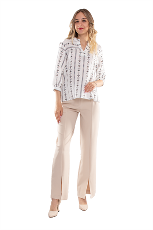 7258 Çımalı Yüksek Bel Paça Yırtmaçlı Atlas Kumaş Kadın Pantolon