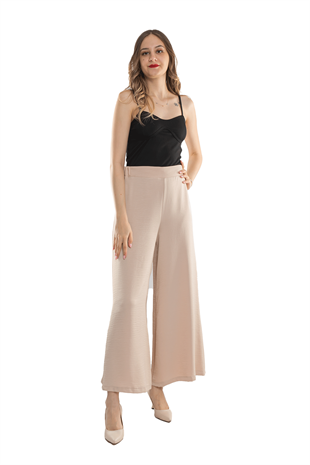7265 Beli Lastikli Bol Paça Kristal Kumaş Kadın Pantolon