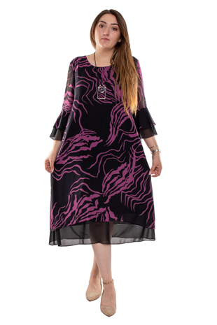 7270 Büyük Beden Valon Kol Astarlı Şifon Kısa Elbise