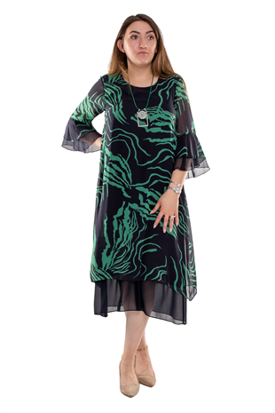 7270 Büyük Beden Valon Kol Astarlı Şifon Kısa Elbise