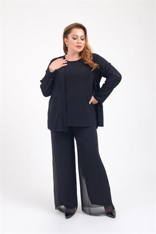 728 Büyük Beden Simli Ceket Bluz İkili Takım