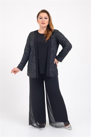 728 Büyük Beden Simli Ceket Bluz İkili Takım