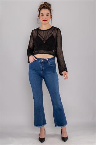 7403 Mini Flare Yüksek Bel Paça Püsküllü Pamuklu Pantolon