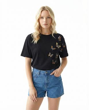 7438 Kelebek Nakışlı Taşlı Kısa Kol Tshirt