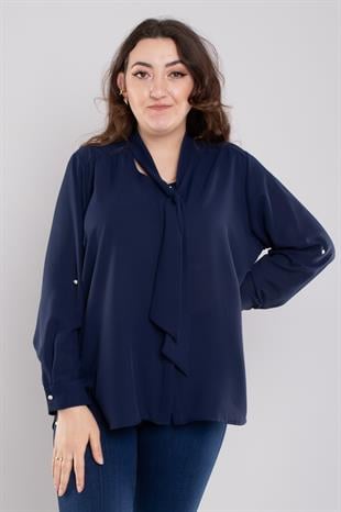 7465 Battal Yaka Fularlı Gizli Düğmeli Floş Gömlek