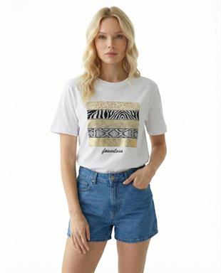 7471 Taşlı Karışık Pano Desen Bisiklet Yaka Kısa Kol Tshirt
