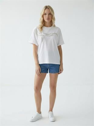 7478 Bisiklet Yaka Boncuk İşlemeli Kısa Kol Tshirt