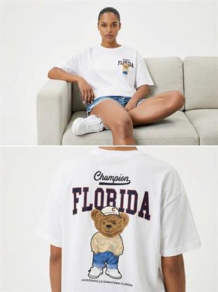 7515 Ayıcık Baskılı Bisiklet Yaka Kısa Kol Tshirt