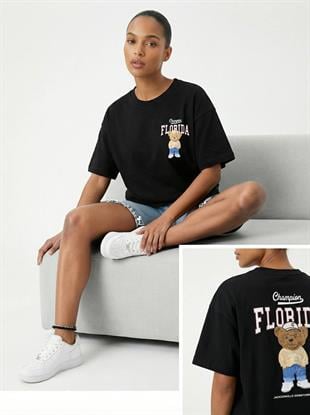 7515 Ayıcık Baskılı Bisiklet Yaka Kısa Kol Tshirt