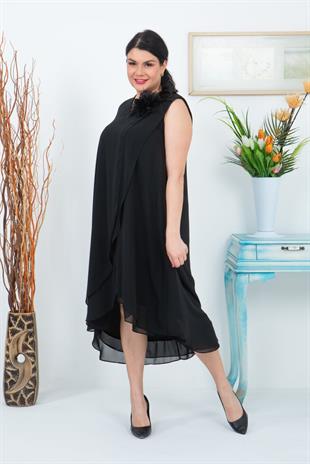 7550-1 Büyük Beden Vyaka Kolsuz Astarlı Şifon Kısa Elbise