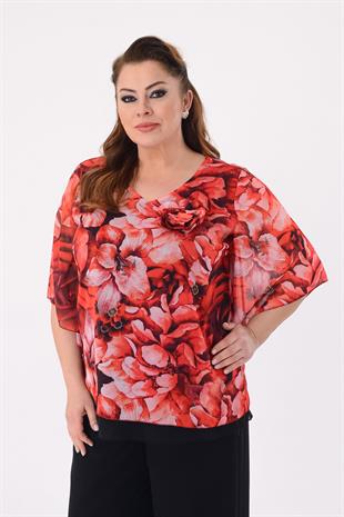 758 Vyaka Broşlu Gül Desen Şifon Bluz