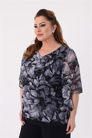 758 Vyaka Broşlu Gül Desen Şifon Bluz