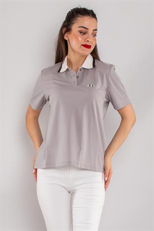 75815 Polo Yaka Düğmeli Kısa Kollu Pamuk Kadın Tshirt