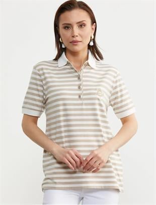 75862 Marine Polo Yaka Çizgili Pamuk Kadın Tshirt