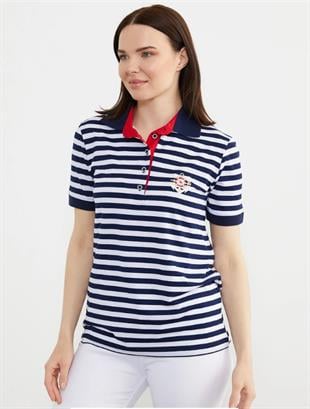 75862 Marine Polo Yaka Çizgili Pamuk Kadın Tshirt