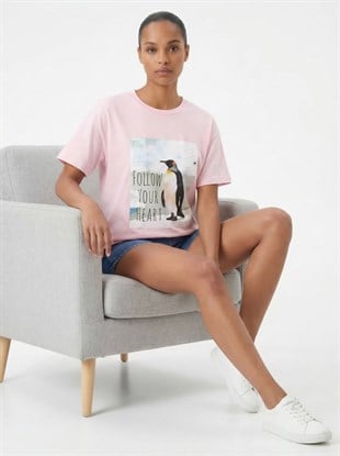 7594 Taşlı Penguen Baskılı Bisiklet Yaka Kısa Kol Tshirt