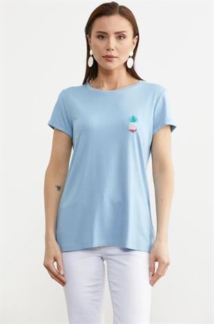 75956 Sıfır Yaka Ananaslı Basic Penye Kısa Kol Tshirt