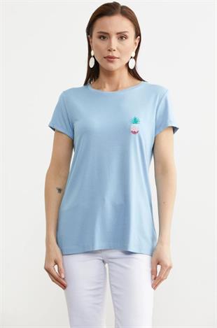 75956 Sıfır Yaka Ananaslı Basic Penye Kısa Kol Tshirt