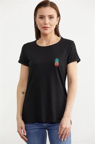 75956 Sıfır Yaka Ananaslı Basic Penye Kısa Kol Tshirt