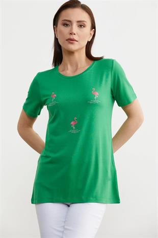 75959 Taş Detay Dökümlü Flamingo Baskı Kısa Kol Penye Tshirt